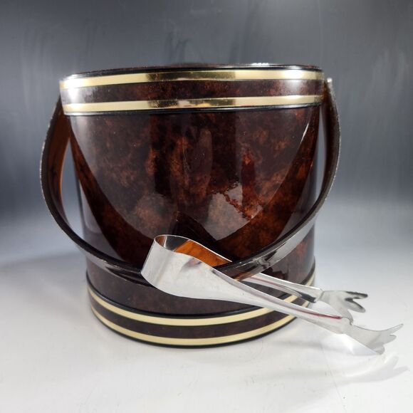 Georges Briard Ice Bucket Lucite Handle Tongs Gold Trim Faux Tortoise Shell MCM - Picture 3 of 10